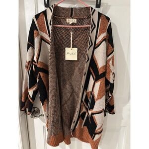 Marled Open Front Geometric Knit‎ Cardigan Boho Aztec Black Tan Cream Duster